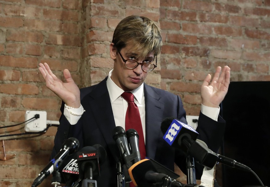 epa05807504 Breitbart senior editor Milo Yiannopoulos addresses the media at a press conference in New York City, USA, 21 February 2017. Yiannopoulos announced his resignation from Breitbart after con ...