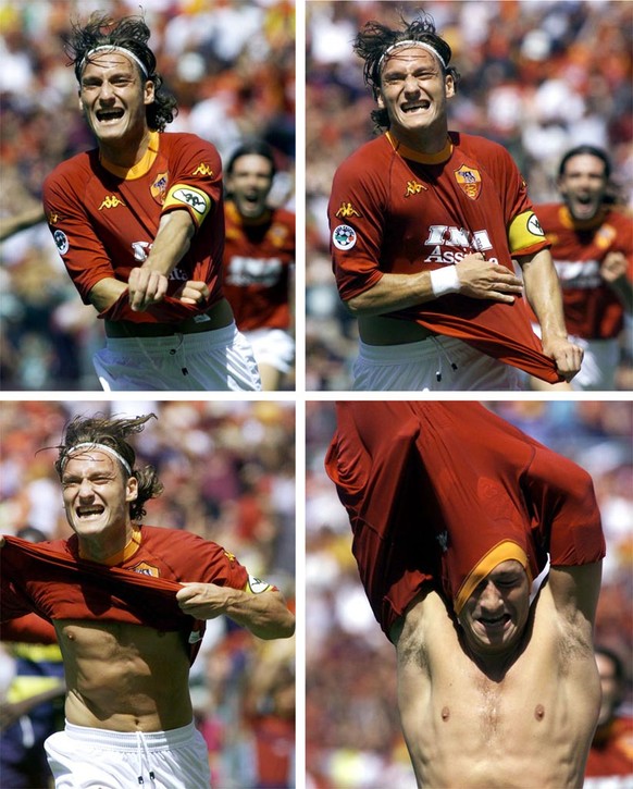 AS Roma captain Francesco Totti jubilates after scoring during the Serie A soccer match against AC Parma, on the last matchday of the Italian soccer championship, Sunday 17 June 2001. At the end of th ...