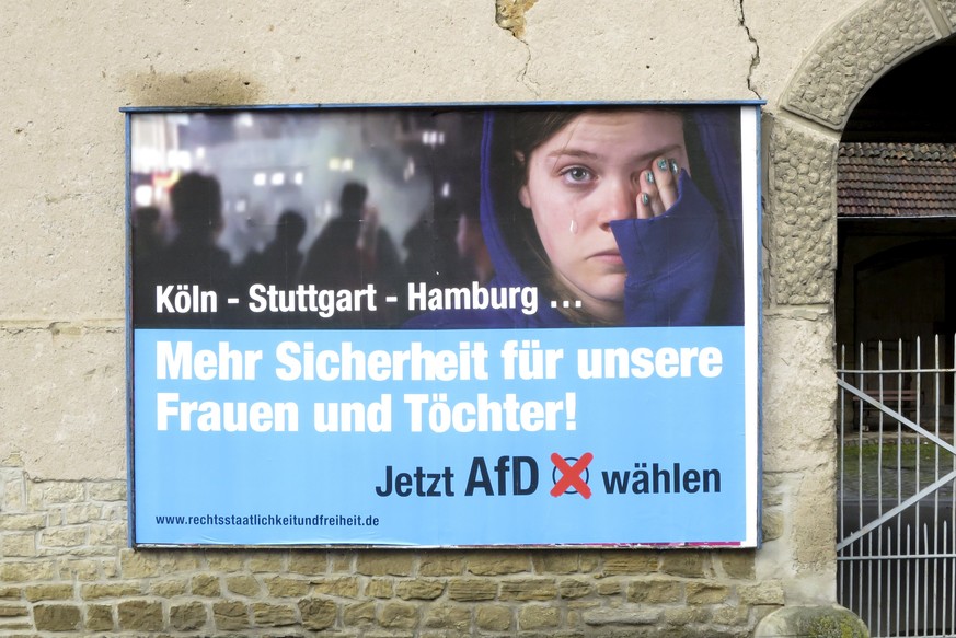 An election poster of the right-wing Alternative for Germany (AFD) party for the upcoming Rhineland-Palatinate federal state elections is pictured in the village of Lauterecken, Germany, March 5, 2016 ...