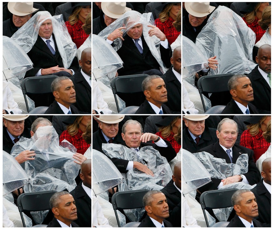 This sequence of pictures shows former U.S. President George W. Bush using a plastic sheet to deal with the rain near outgoing President Barack Obama (L) during the inauguration ceremonies swearing in ...