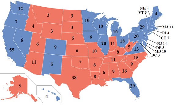 Alle 50 US-Gliedstaaten mit jeweiliger Anzahl Wahlmänner (abolutes Mehr: 270); blau: 2012 von Obama gewonnen; rot: 2012 von Romney gewonnen.