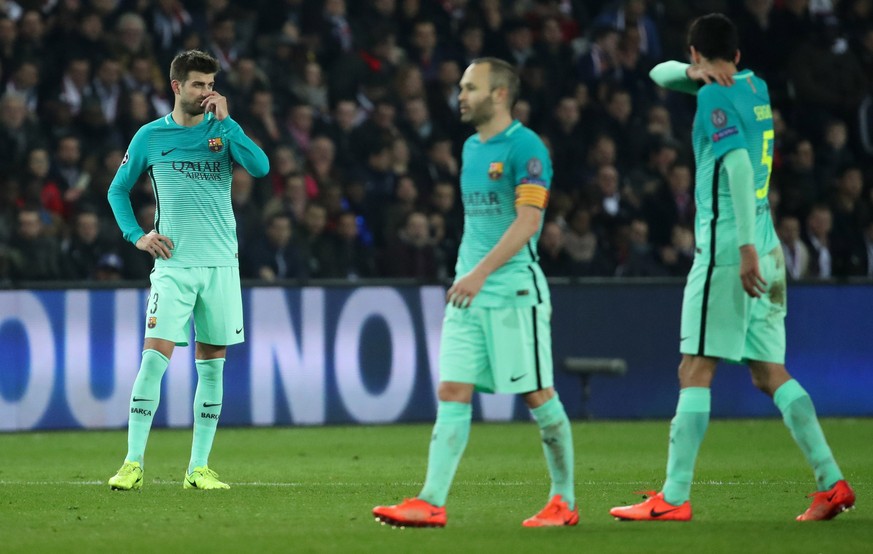 Football Soccer - Paris St Germain v Barcelona - UEFA Champions League Round of 16 First Leg - Parc Des Princes, Paris, France - 14/2/17 Barcelona&#039;s Gerard Pique, Andres Iniesta and Sergio Busque ...