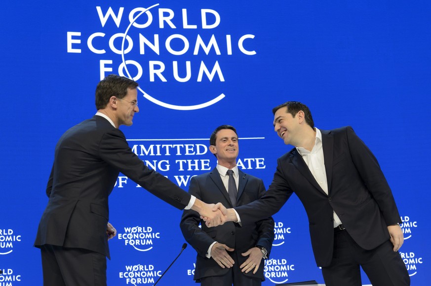 Der niederländische Premierminister Mark Rutte, französische Premierminister Manuel Valls und der griechische Ministerpräsident Alexis Tsipras diskutierten in Davos&nbsp;über die «Zukunft Europas».