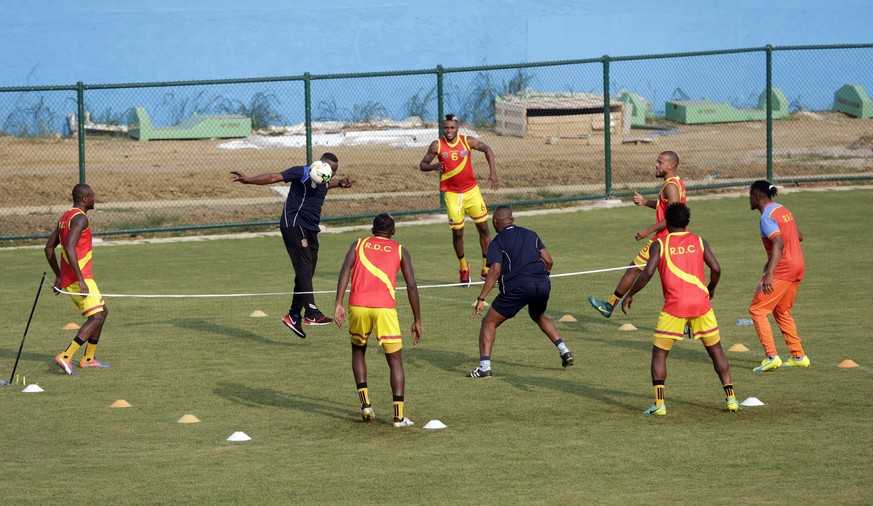 Congo soccer team players attend a training session at the Stade Akoakam in Oyem, Gabon, Tuesday, Jan. 17, 2017, ahead of their African Cup of Nations Group C soccer match against Ivory Coast. (AP Pho ...