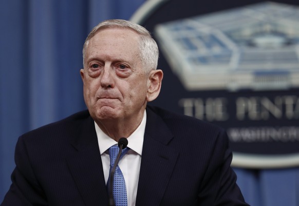 FILE - In this April 11, 2017 file photo, Defense Secretary Jim Mattis pauses during a news conference at the Pentagon. Mattis is looking to the Middle East and North Africa for broader contributions  ...