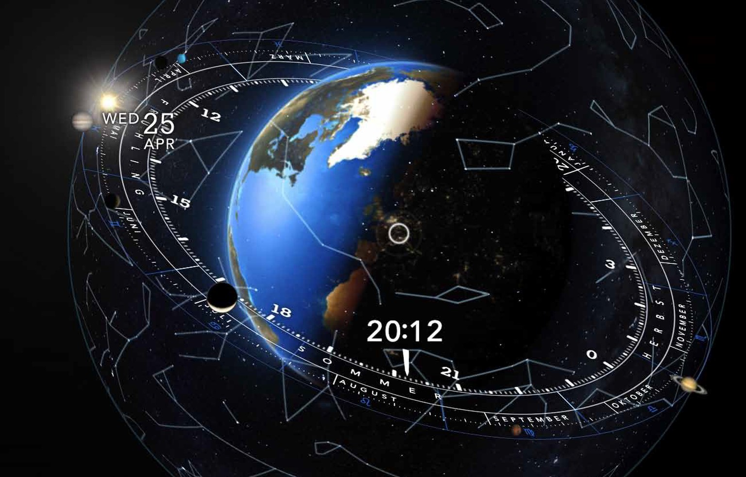 Die Cosmic-Watch-App&nbsp;zeigt Sternzeichen, Planetenbewegungen und vieles mehr.