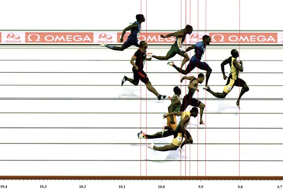 The image provided by OMEGA on Sunday, Aug. 14, 2016 shows the photo finish of the men&#039;s 100-meter final when, top to bottom, Trayvon Bromell from the United States, Akani Simbine from South Afri ...