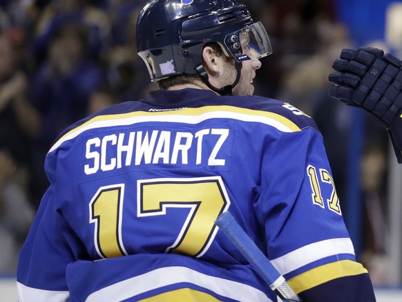 St. Louis Blues&#039; Alexander Steen (20) is congratulated by Jaden Schwartz after scoring during the second period of an NHL hockey game against the Colorado Avalanche, Sunday, Nov. 6, 2016, in St.  ...