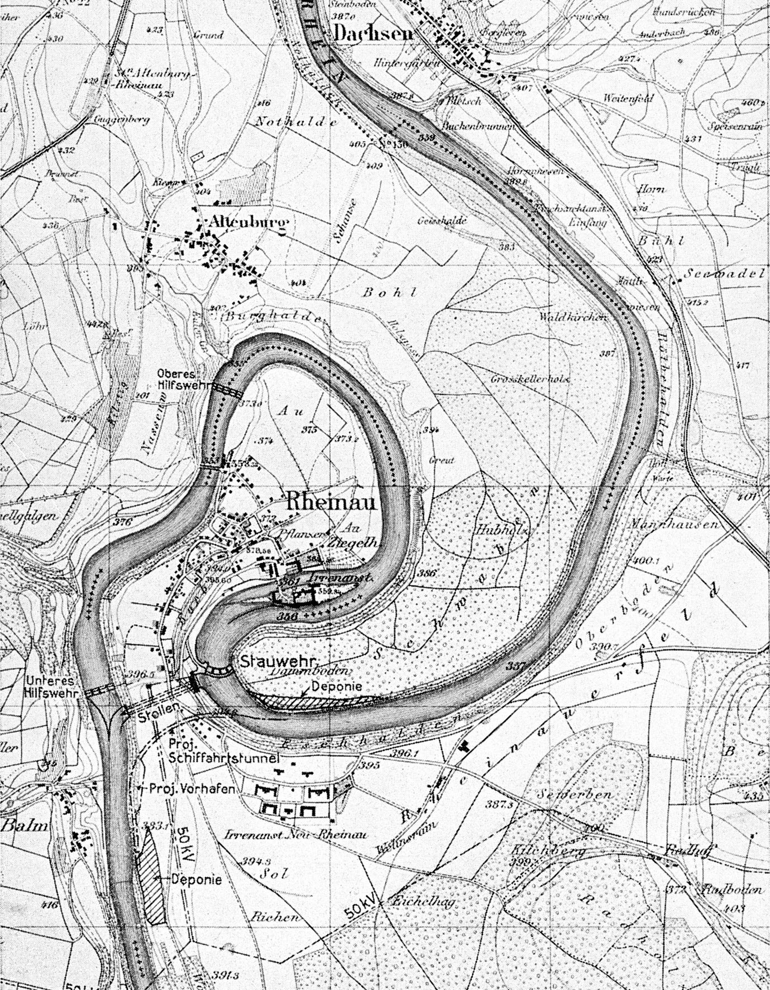 Plan mit eingezeichnetem Kraftwerk Rheinau, wie es 1954 in Bau ging. Der Schifffahrtstunnel verliess nie das Planungsstadium.&nbsp;