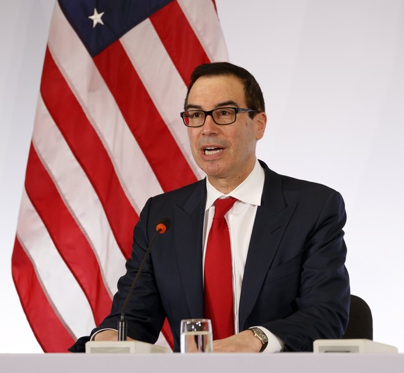 epa05856618 United States Secretary of the Treasury Steven Mnuchin speaks during a news conference after the G20 Finance Ministers and Bank Governors meeting in Baden Baden, Germany, 18 March 2017. Th ...