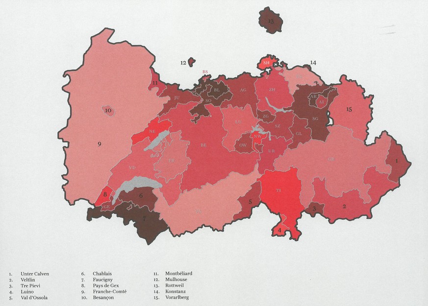 Fiktive Grossmacht: Die Schweiz mit 15 angegliederten Gebieten. &nbsp;