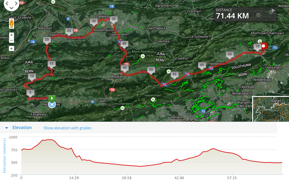 Die Route von Reconvilier via Delémont nach Balsthal.