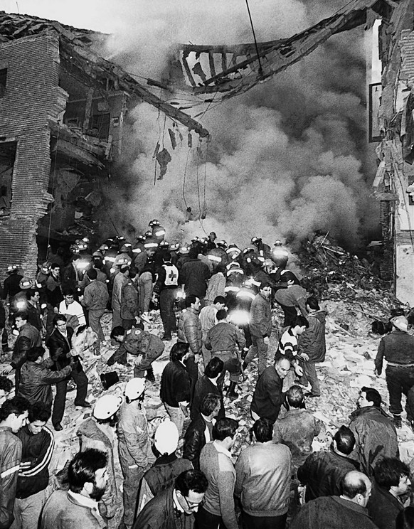 Picture taken 11 December 1987 showing the site after the explosion of a car bomb in a Civil Guard barrack in Zaragoza killing 11 people, including five children, and leaving 36 injured. (KEYSTONE/EPA ...