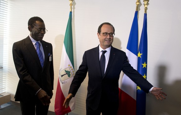 Obiang trifft Frankreichs Staatschef François Hollande im September 2014 in New York.