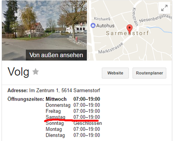 Der Volg in Sarmenstorf AG hat plötzlich am Samstag von 7 bis 19 Uhr geöffnet. Tatsächlich schliesst er bereits um 17 Uhr.