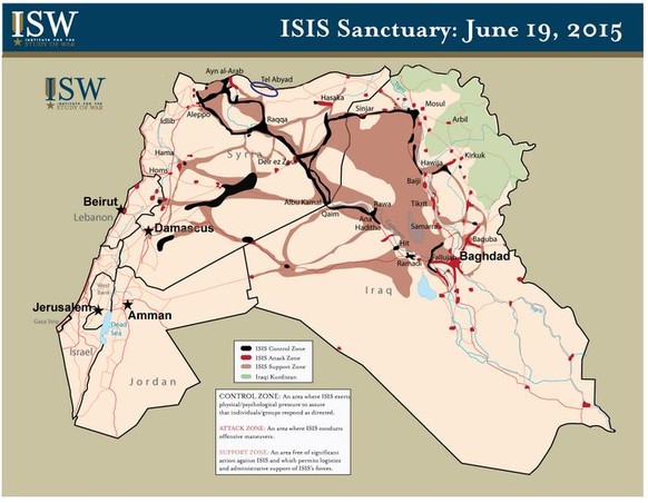 Schwarz: Gebiete unter direkter Kontrolle des IS; Rot: Umkämpfte Gebiete; Braun: Einflussgebiet des IS; Grün: Kurdistan im Irak (Juni 2015).
