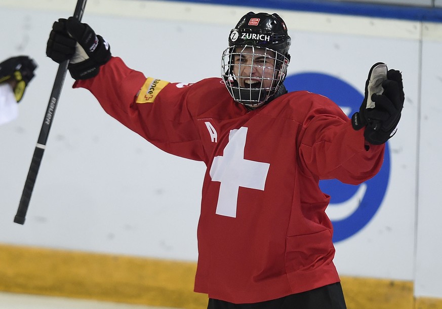 Switzerland&#039;s Damien Riat celebrates after the goal (1-1) next to Finland&#039;s Julius Nattinen during a ice hockey U18 World Championships semi finals match between Switzerland and Finland, at  ...