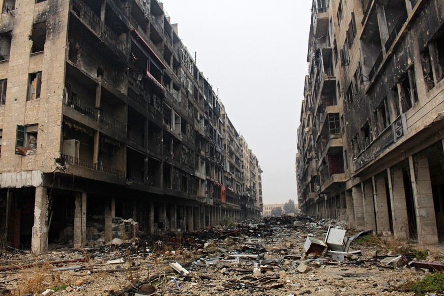 epa05674534 A general view down a street with damages in Aleppo, Syria, 13 December 2016. Russia&#039;s Ambassador to the UN announced that the Syrian government&#039;s army has on 13 December taken f ...