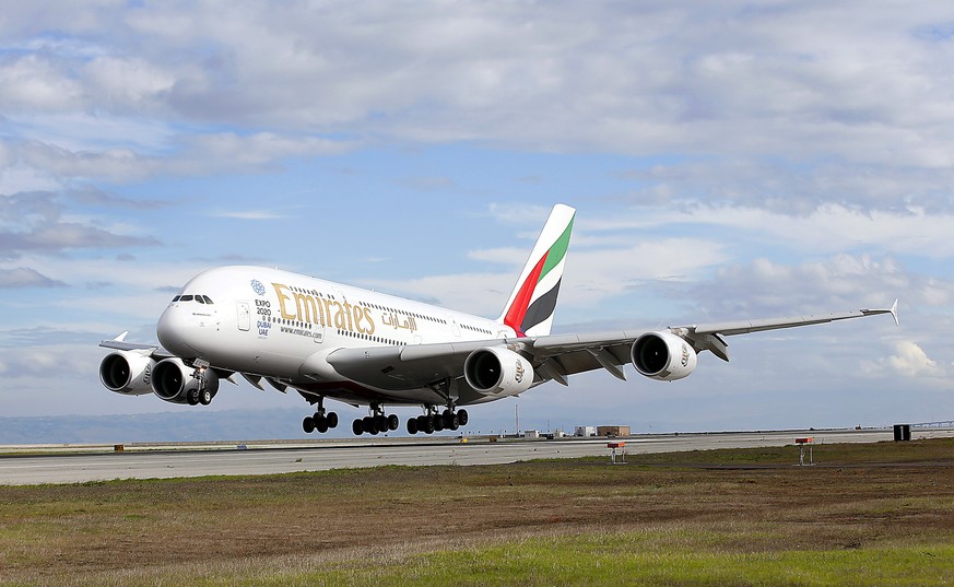 IMAGE DISTRIBUTED FOR EMIRATES - Emirates’ inaugural A380 flight to San Francisco International Airport touches down on Monday, Dec. 1, 2014, in San Francisco. (Tony Avelar/AP Images for Emirates)