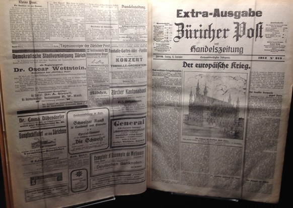 Die «Züricher Post» über den Einmarsch in Belgien. Zur Zeit des 1. Weltkrieges hatte sie eine Auflage von ca. 10'000. 