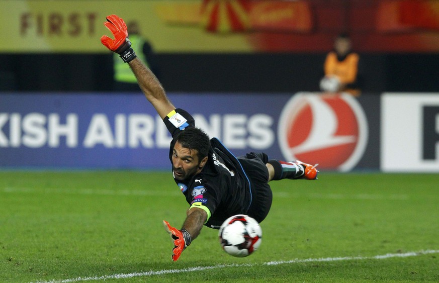 Football Soccer - Macedonia v Italy - 2018 World Cup Qualifying European Zone - Group G - Philip II of Macedon National Stadium, Skopje, Macedonia - 9/10/16 Italy&#039;s goalkeeper Gianluigi Buffon fa ...