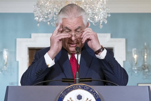 epa06244426 US Secretary of State Rex Tillerson delivers remarks at the State Department in Washington, DC, USA, 04 October 2017. Tillerson denied ever having considered resigning and that he fully su ...