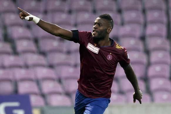 Servette&#039;s forward Jean-Pierre Nsame celebrates his goal, after he scored the 2:1, during the Challenge League soccer match of Swiss Championship between Servette FC and FC Wil, at the Stade de G ...