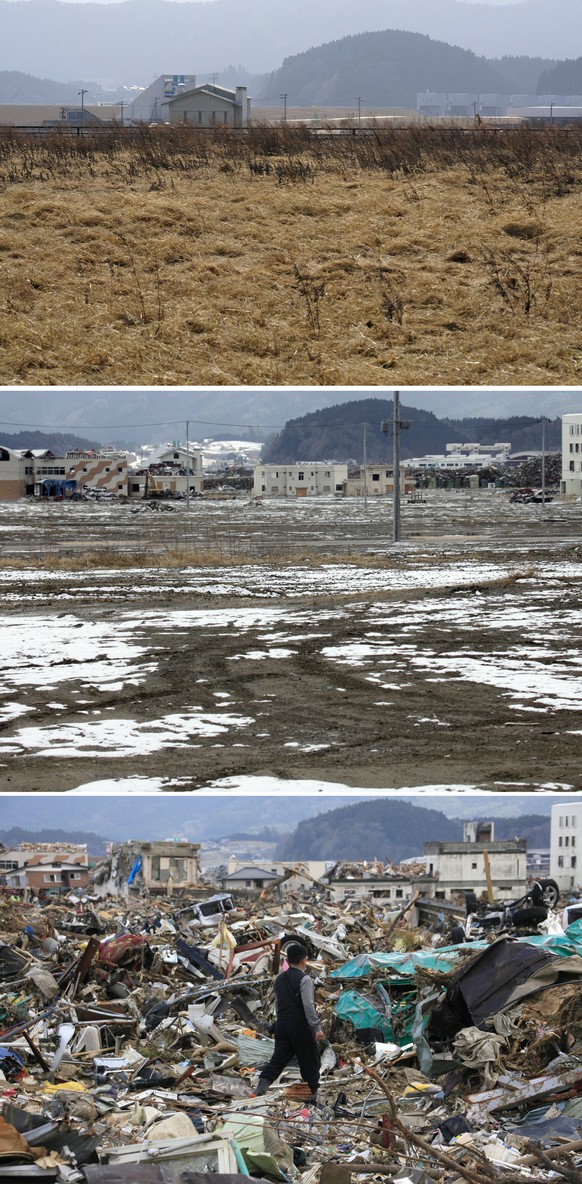 epa09063163 A picture combo shows (top to bottom) a man walk through debris in tsunami-devastated city of Rikuzentakata, Iwate Prefecture, northern Japan, 12 April 2011, a view of the same area on 17  ...