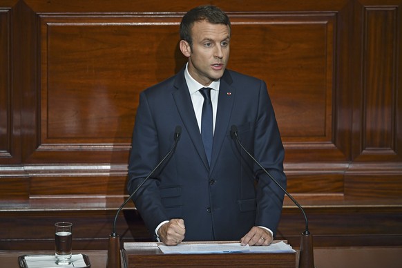 epa06063490 French President Emmanuel Macron speaks during a special congress gathering both houses of parliament (National Assembly and Senate) in the palace of Versailles, outside Paris, France, 03  ...