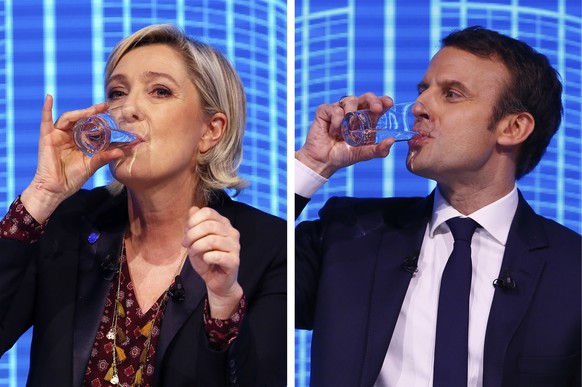 In this two photo combination picture, Marine Le Pen, French far-right 2017 presidential candidate of the Front National party, left, and Emmanuel Macron, candidate for the 2017 French presidential el ...