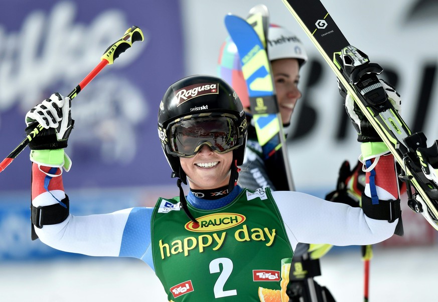 Lara Gut of Switzerland cheers after the second run of the women&#039;s Giant Slalom race of the FIS Alpine Ski World Cup season on the Rettenbach glacier, in Soelden, Austria, Saturday, October 22, 2 ...