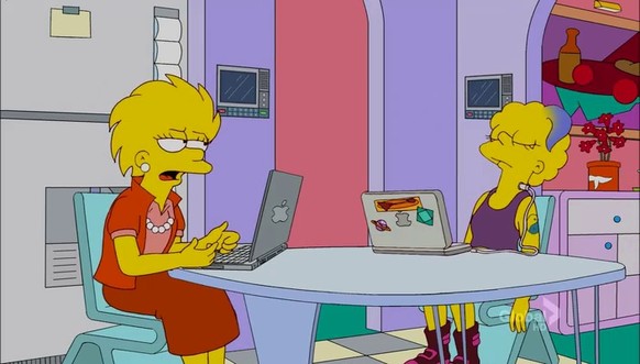 In der Episode «Die nächste Generation» von 2012 benutzt die erwachsene Lisa das MacBook ganz normal. Ihre Tochter verbindet sich per Kabel direkt mit dem Computer und taucht so vollständig ins Intern ...