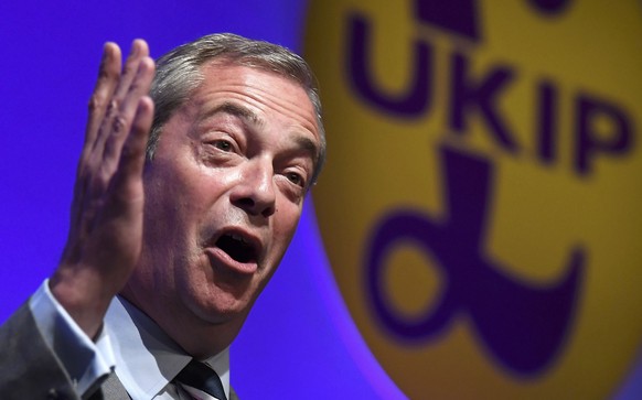 Nigel Farage, the outgoing leader of the United Kingdom Independence Party (UKIP), speaks at the party&#039;s annual conference in Bournemouth, Britain, September 16, 2016. REUTERS/Toby Melville