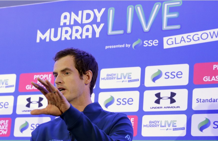 Britain&#039;s Andy Murray gestures as he speaks to the media in London, Thursday, Feb. 9, 2017, during an announcement for his charity tennis event in Glasgow where he will play Switzerland&#039;s Ro ...