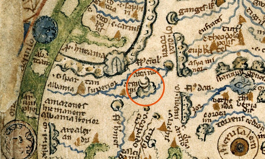 Detail aus der Londoner Psalterkarte: Die Arche Noah ist auf einem Berg eingezeichnet.&nbsp;