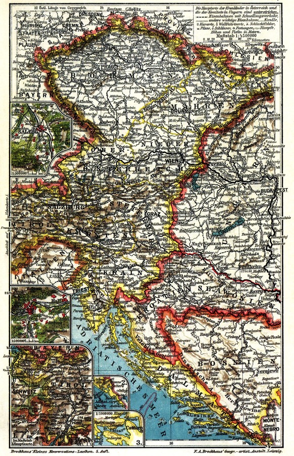 Österreich Ungarn mit den Balkan-Ländern auf einer Karte aus der Zeit der Jahrhundertwende.