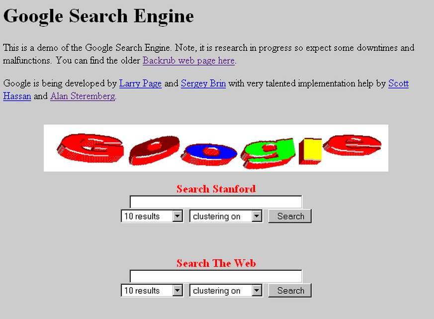 Die Adresse google.com wurde am 15.09.1997 registriert. Eine frühe Demoversion von Google kann hier angeschaut werden.