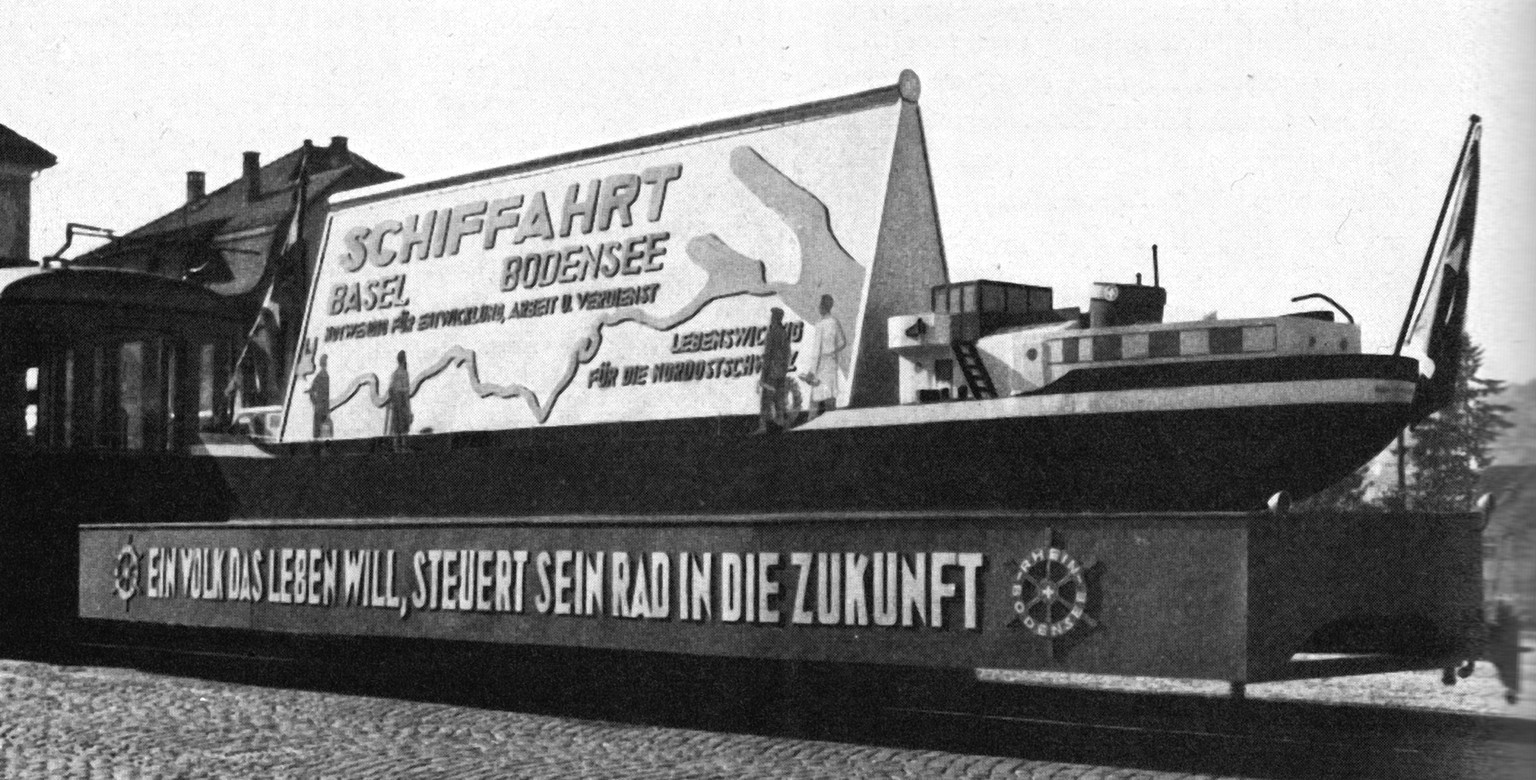 Werbung für die Hochrheinschifffahrt an der Olma 1952: «Schiffahrt Basel - Bodensee – Lebenswichtig für die Ostschweiz»