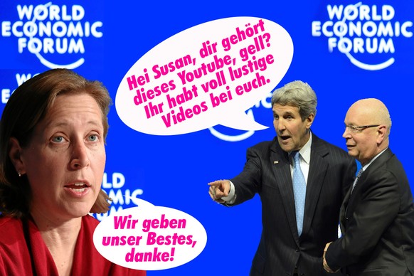 WEF, geil! Zeit zum Networken. – YouTube-CEO Susan&nbsp;Wojcicki (l.) und John &nbsp;Kerry mit WEF-Gründer Klaus Schwab.