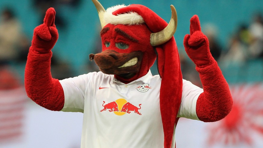 LEIPZIG, GERMANY - DECEMBER 13: Mascot Bulli of Leipzig with Christmas cap during the Second Bundesliga match between RB Leipzig and FSV Frankfurt at Red Bull Arena on December 13, 2015 in Leipzig, Ge ...