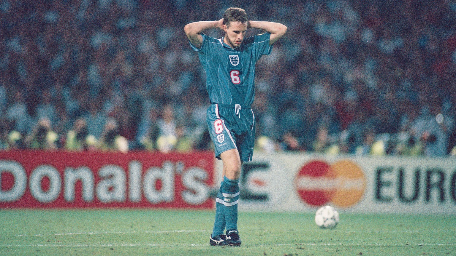 LONDON, UNITED KINGDOM - JUNE 26: England player Gareth Southgate reacts after missing his penalty during the penalty shoot out, during the European Championship Finals semi final match between Englan ...