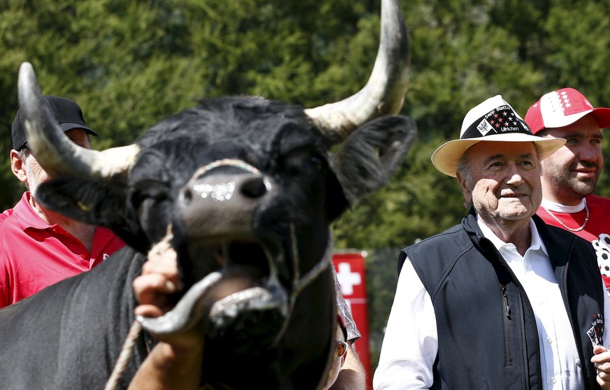 FIFA President Sepp Blatter (R) poses next to a Herens cow called Colombo during the so-called &quot;Sepp Blatter tournament&quot; in Blatter&#039;s home-town Ulrichen, Switzerland, August 22, 2015. T ...