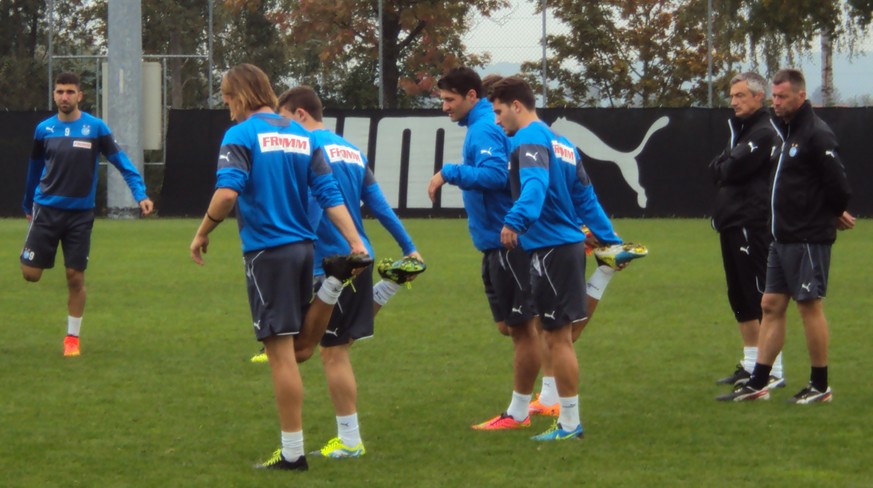 Salatic (der zweite Spieler von rechts) und die Kollegen bei Dehnübungen, beobachtet von Trainer Skibbe.