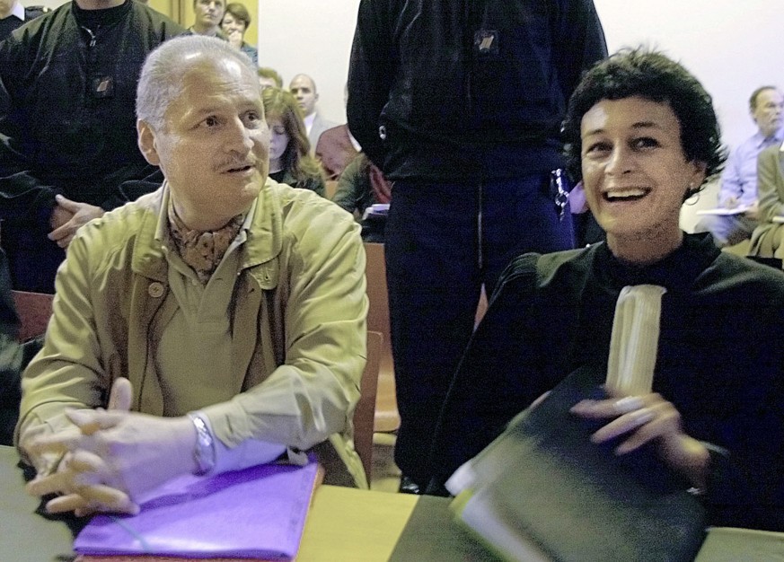 FILE - In this Tuesday, Nov. 28, 2000 file photo, Venezuelan international terrorist Carlos the Jackal whose real name is Ilich Ramirez Sanchez, left, sits with his French lawyer Isabelle Coutant-Peyr ...