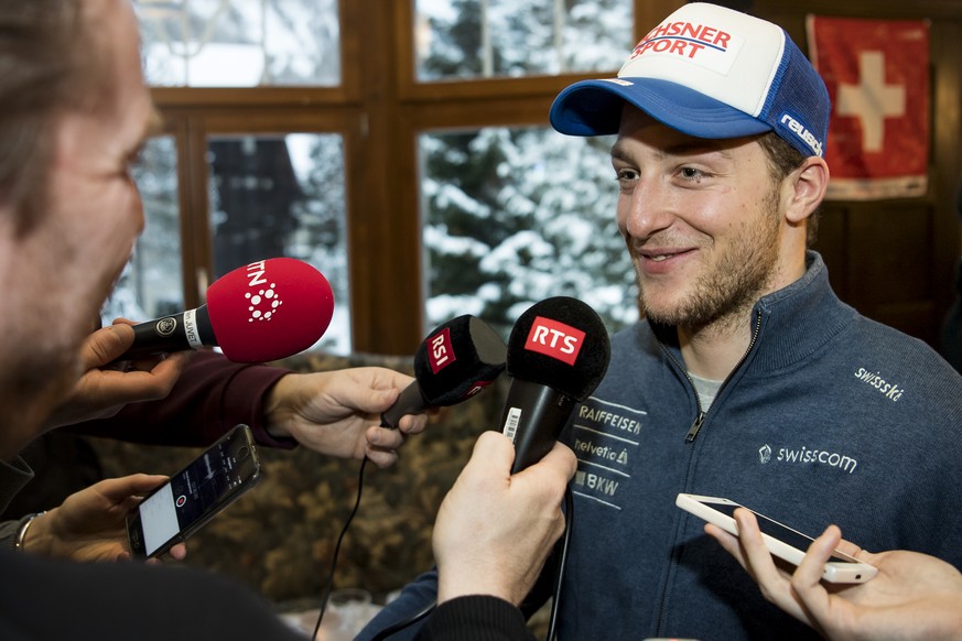 Justin Murisier of Switzerland speaks to journalists during the Swiss-Ski federation press conference of the FIS Alpine Ski World Cup at the Lauberhorn, in Wengen, Switzerland, Wednesday, January 11,  ...