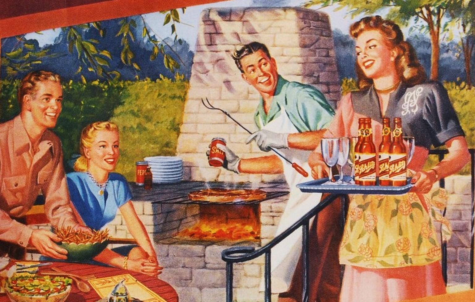 Typischer Steingrill aus den 40ern. Das Grillieren war die Domäne der Männer, während die Frau für Getränke, Salat und Dessert sorgte.