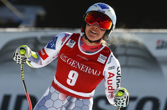 Liechtenstein&#039;s Tina Weirather gets to the finish area after completing an alpine ski, women&#039;s World Cup super-G, in Val d&#039;Isere, France, Sunday, Dec. 18, 2016. (AP Photo/Giovanni Aulet ...