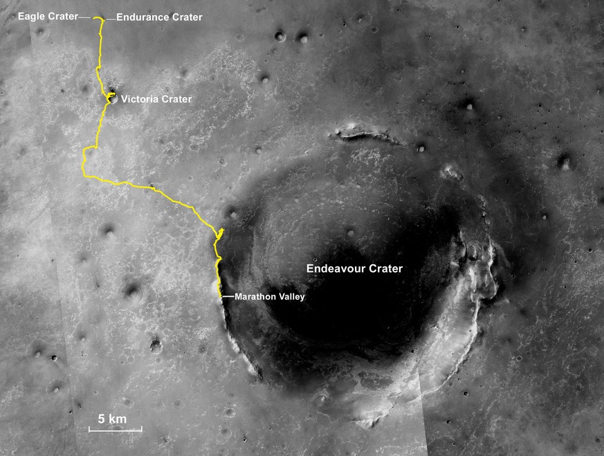 Route der «Opportunity» auf dem Mars. Im «Eagle Crater» war ihr Startpunkt.