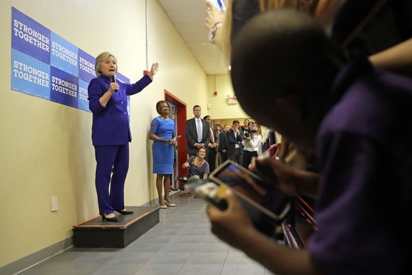 Democratic presidential candidate Hillary Clinton speaks during a campaign stop at the Frontline Outreach Center in Orlando, Fla., Wednesday, Sept. 21, 2016. (AP Photo/Matt Rourke)