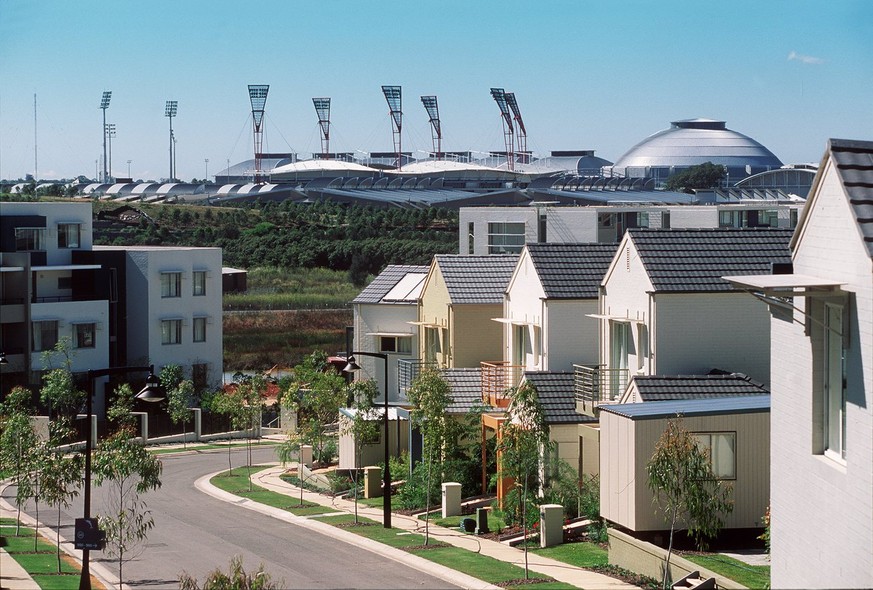 Olympic Games in Sydney, Australia: The Sydney Olympic Park at Homebush Bay with part of the Olympic Village at Newington in the foreground, February 2000. Newington Village is planned to form a new r ...